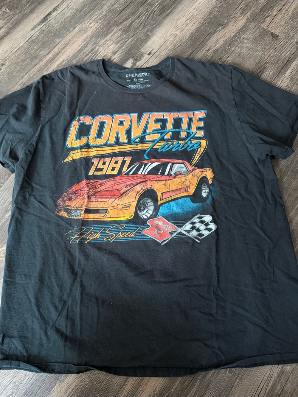 Chemistry Black Graphic Tee with Yellow and Red Corvette Print